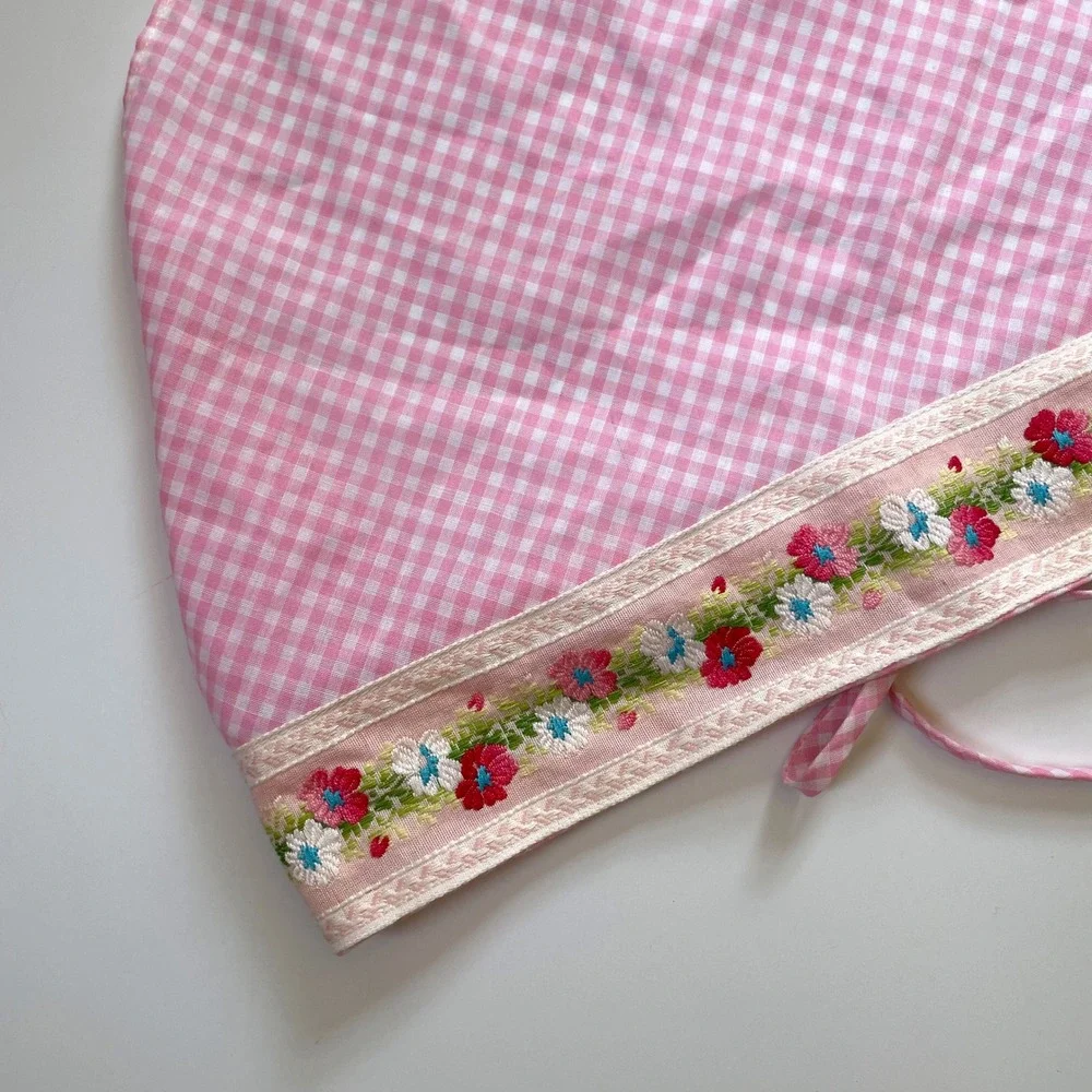 Vintage Pink Gingham Floral Embroidered Tie Back Head Scarf Bandana Folk Cottage